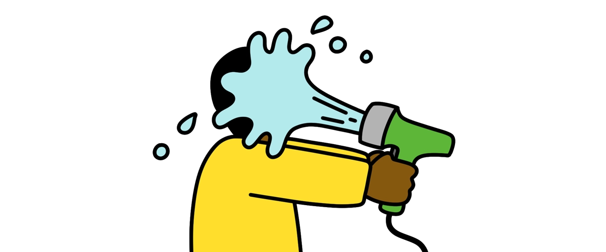 Digital illustration of a person squirting water on their face with a hose