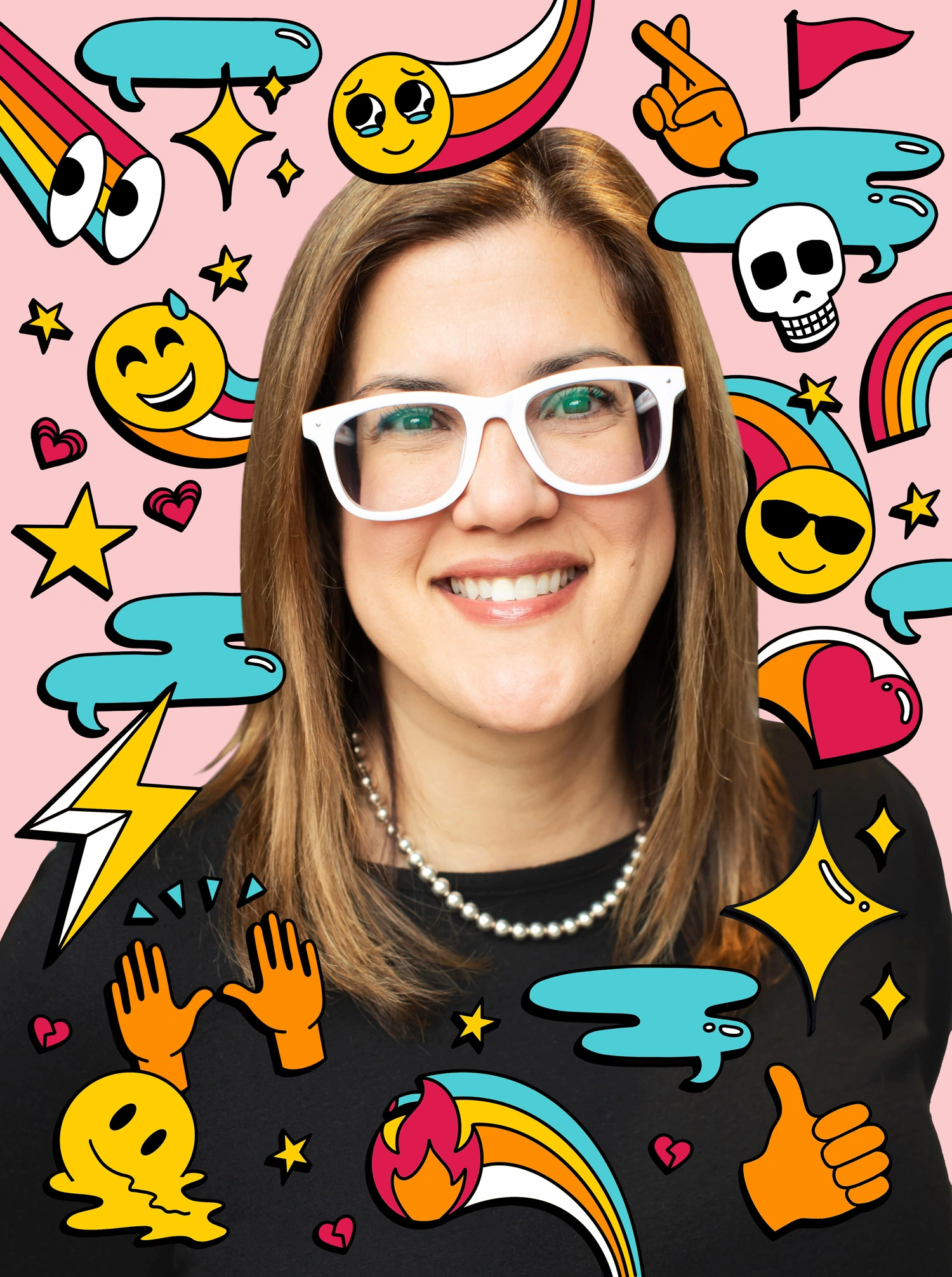 Close-up shot of Professor Jordana Garbati, wearing white-framed glasses, surrounded by cartoon emojis against a pink background