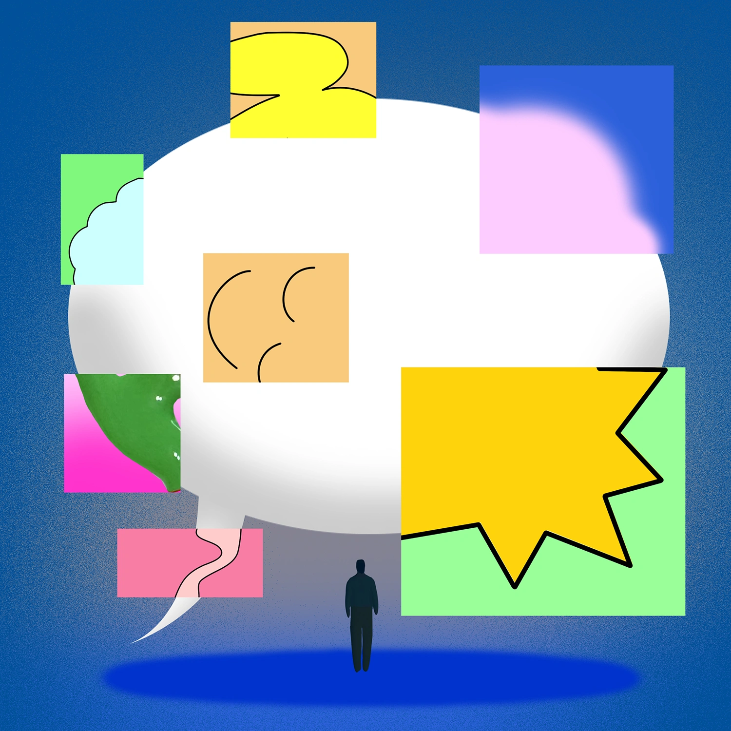 Illustration of a large speech bubble above a tiny figure, with different coloured boxes around the edges of the speech bubble containing different shapes and colours for the speech bubble