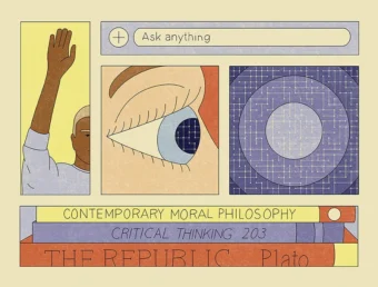 Illustration depicting an AI prompt field, a student raising their hand, a close-up of an eye, grey rings of circles and three books on philosophy