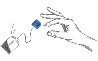 Graphite drawing of a tea bag falling in the air and a hand with the index finger and thumb curved close together