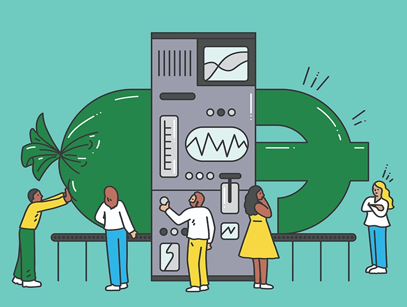 Digital illustration of people operating a machine. A person is pushing a garbage bag through one end, and a dollar sign is coming out the other end.