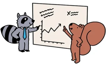 Digital illustration of a raccoon, wearing a tie, and a squirrel pointing to a line graph on a whiteboard