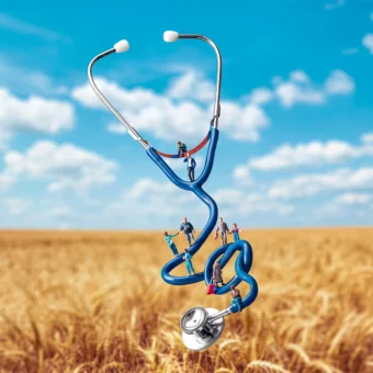 Models of tiny people standing and sitting on the tube of a giant stethoscope that is hovering over a field of wheat
