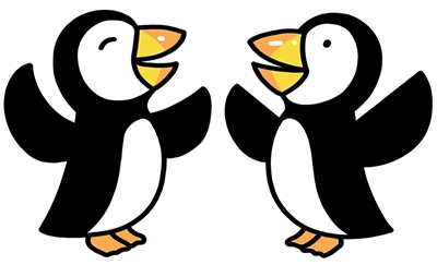Digital illustration of two puffins in conversation