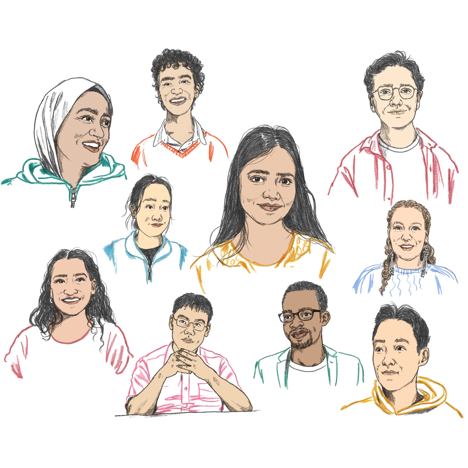 Colour-pencil illustration of 10 students from diverse backgrounds