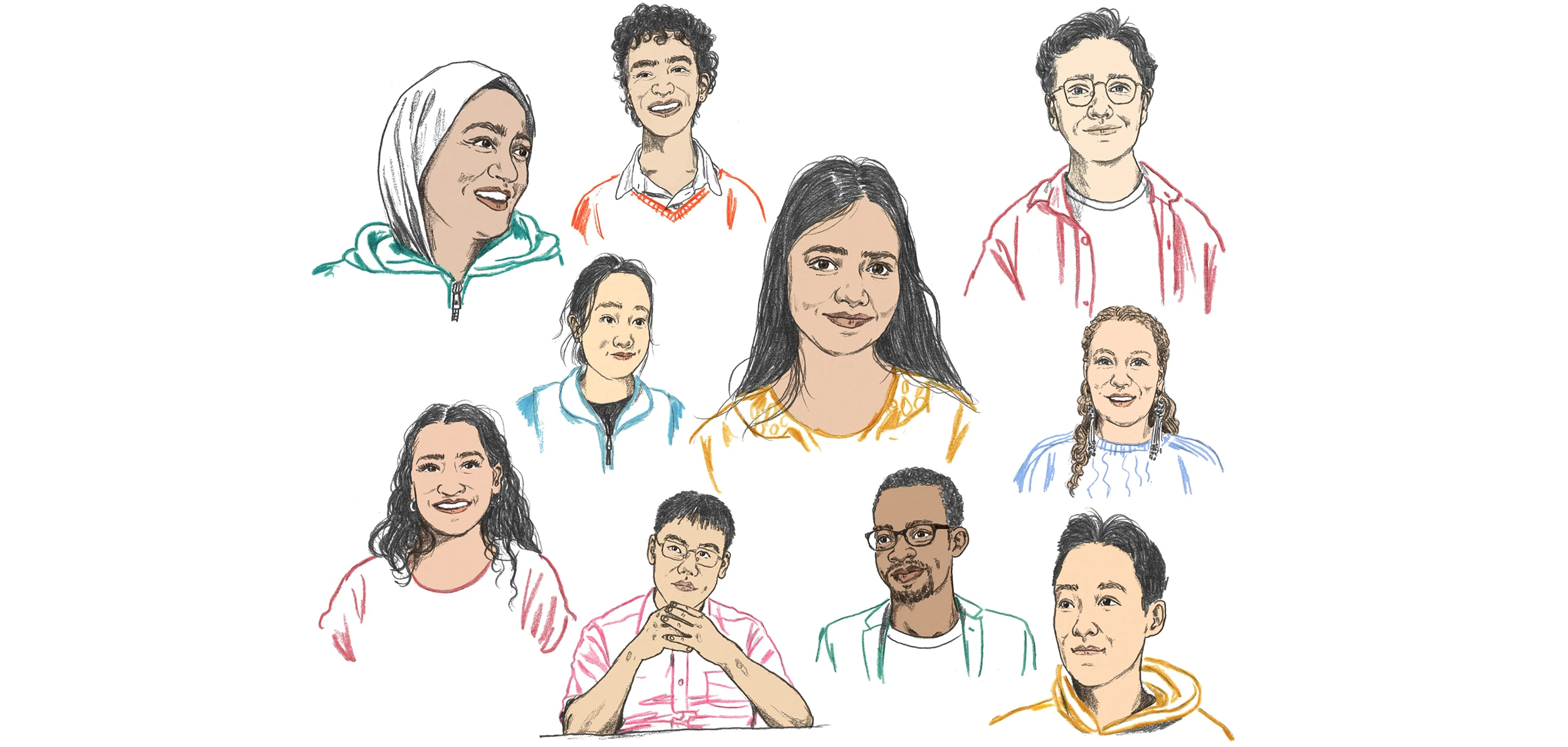 Colour-pencil illustration of 10 students from diverse backgrounds