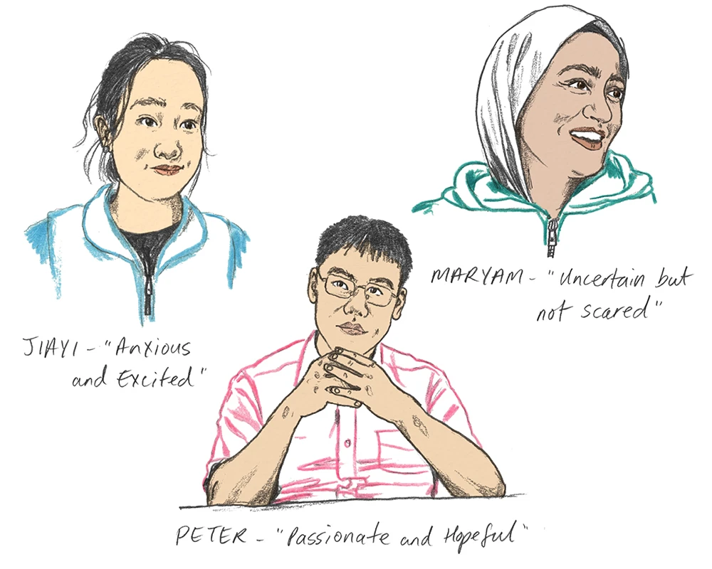 Colour-pencil illustration of three students with labels: Jiayi - Anxious and Excited, Maryam - Uncertain but not scared, Peter - Passionate and Hopeful