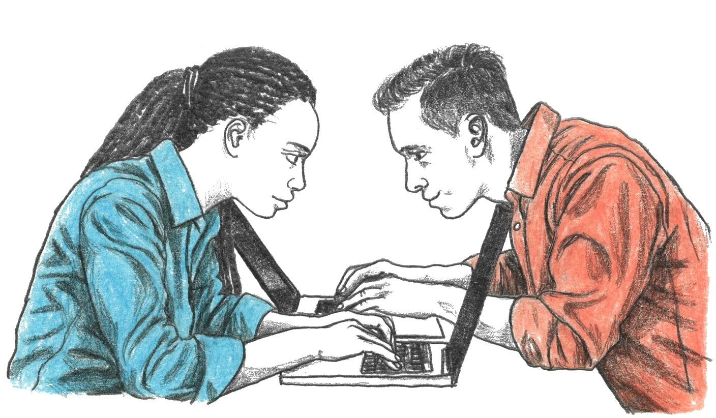 Two young people sit face to face, concentrating as they type on their laptops, suggesting competition.