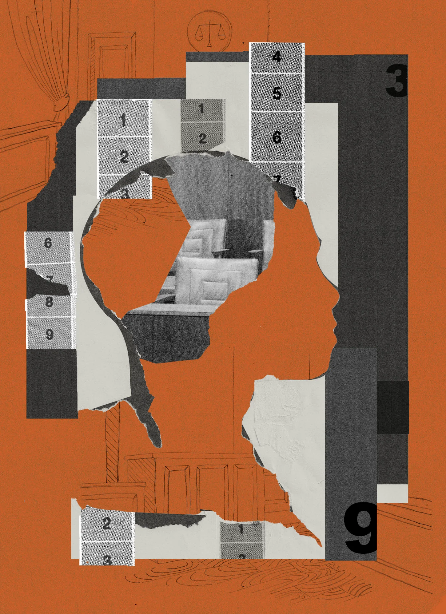 Collage-style illustration of a human profile, courtroom imagery and numbered assessment blocks.