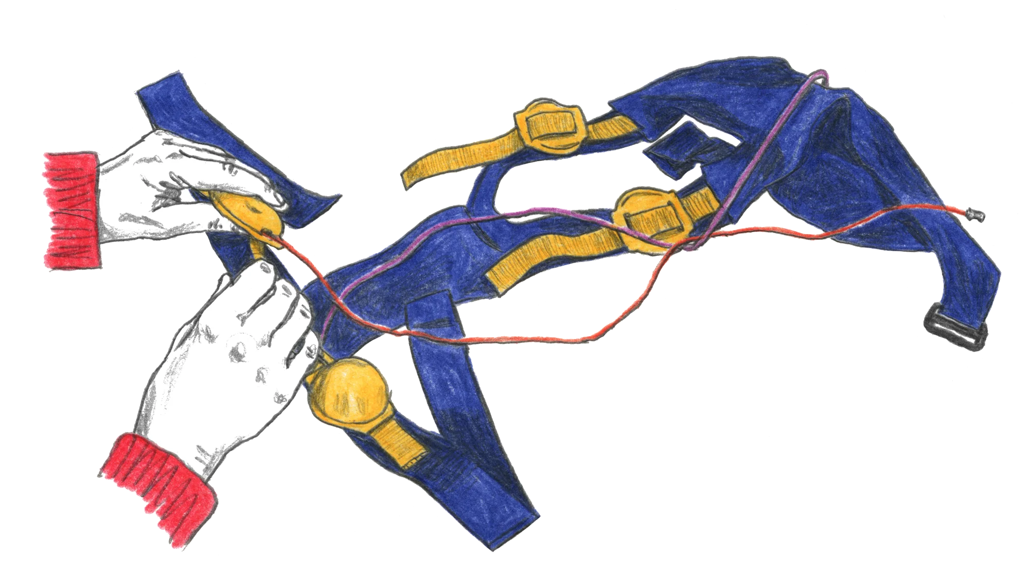 Illustration of a person adjusting a wearable harness with electronic components.